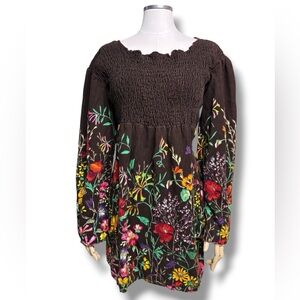 FUNKY PEOPLE Brown Corduroy Smocked Babydoll Tunic Colorful Wildflower Print Y2K